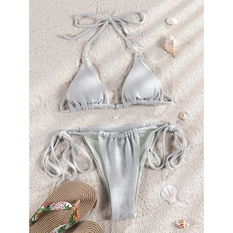 

Rinabe Sexy Bikini 2026 Swimsuit Shiny Bikinis Thong Biquini Feminino Swimwear Triangle Bikini Set Bathing Suit Women Beachwear