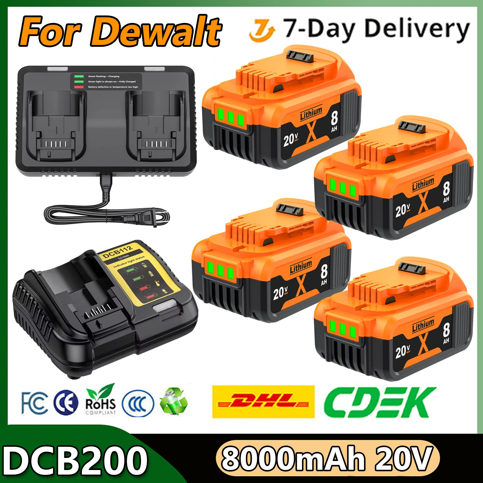 Bateria zamienna Turpow DCB200 do Dewalt DCB205 DCB606 DCB609 DCB182 DCB206 DCB209 8000mAh o dużej pojemności do elektronarzędzi 20V