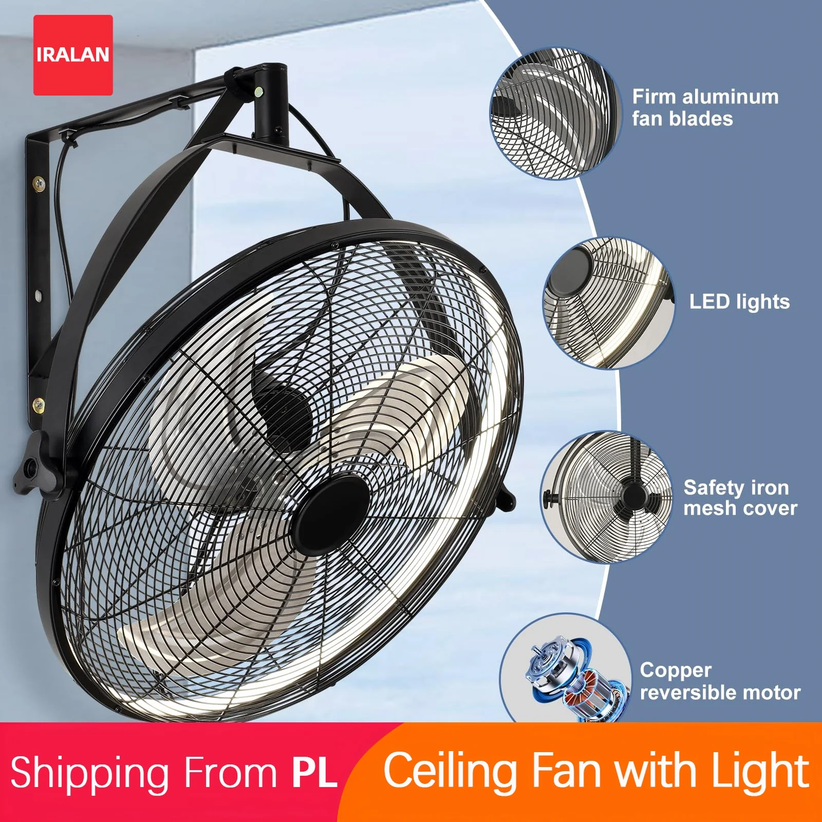 360 °   Ventilador de Pared Ajustable con Lámpara, Ventilador de Techo Moderno con Luz y Protector de Seguridad, Silencioso, con Temporizador Inteligente, Ventilador Eléctrico de Pared de 20 Pulgadas
