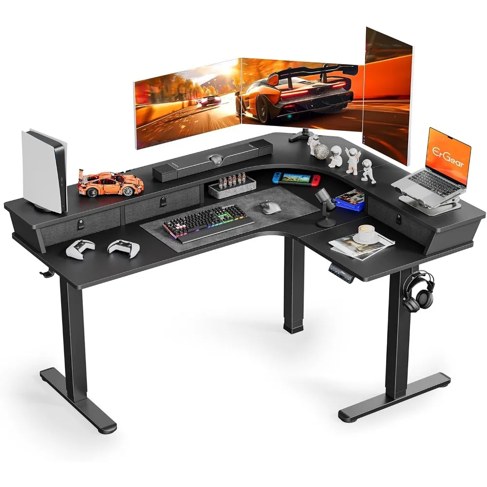 65″ L Shaped Gaming Desk with 3 Drawers, Standing Desk Height Adjustable w/Monitor Shelf [C-Clamp Mount Compatible]