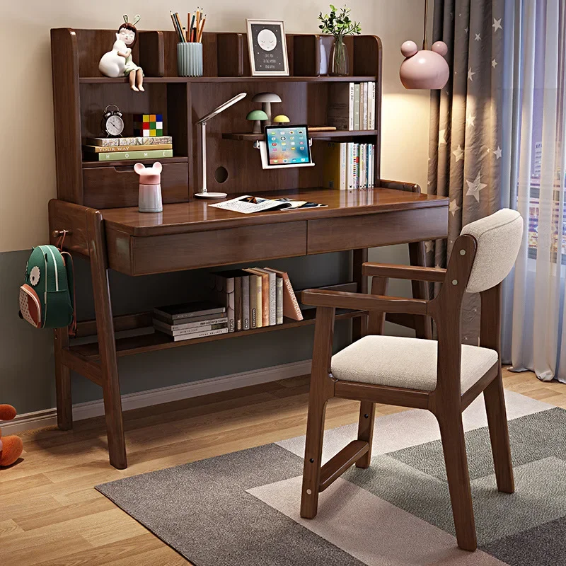 Simple solid wood children's lifting desk household bedroom study bookshelf desk chair set