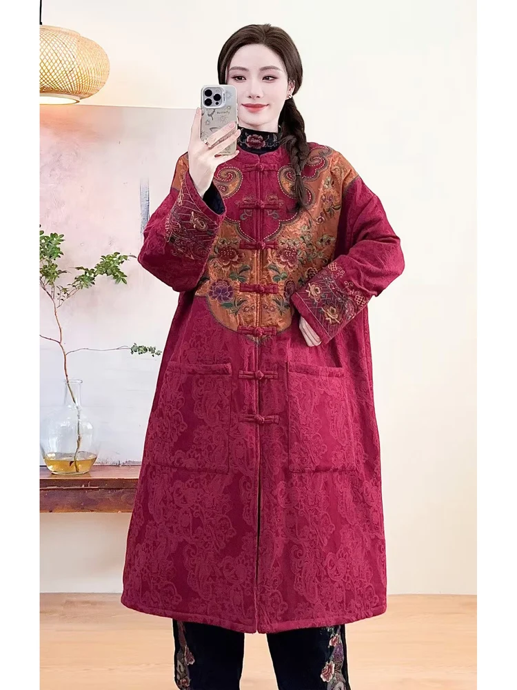 

Embroidered Cotton Linen Jaet Women's Ethnic Sle Mid-Length Cotton Coat with Button Loose Fit Long Sve Color