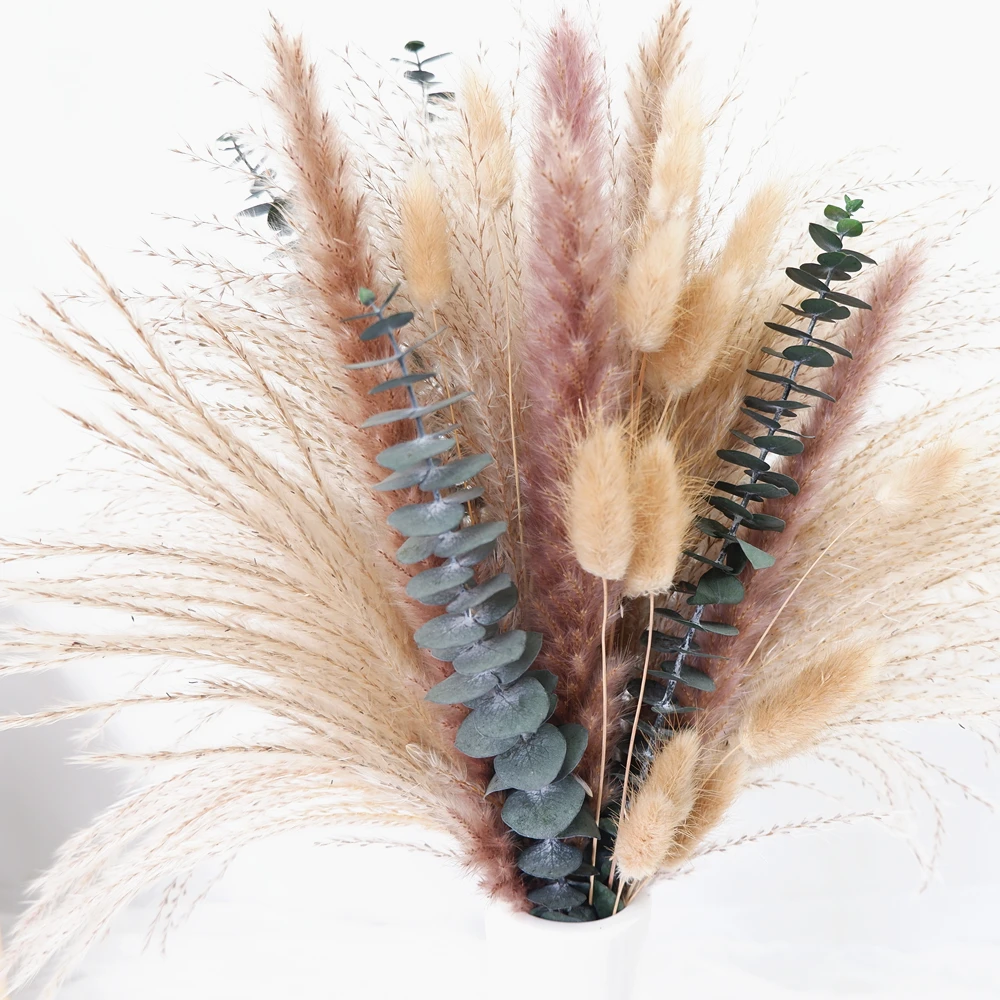 باقة زهور مجففة وباقة عشب بامباس مكونة من 60 قطعة - ديكور منزلي بوهو طبيعي لعيد الميلاد وعيد الشكر والهالوين