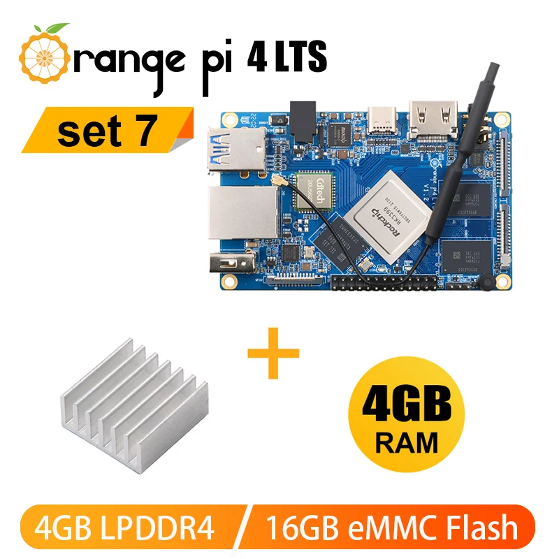 Orange Pi 4 LTS 4GB RAM 16GB eMMC Development Board +Aluminum Heat Sink Sets Rockchip RK3399 Single Board Computer WiFi+BT5.0