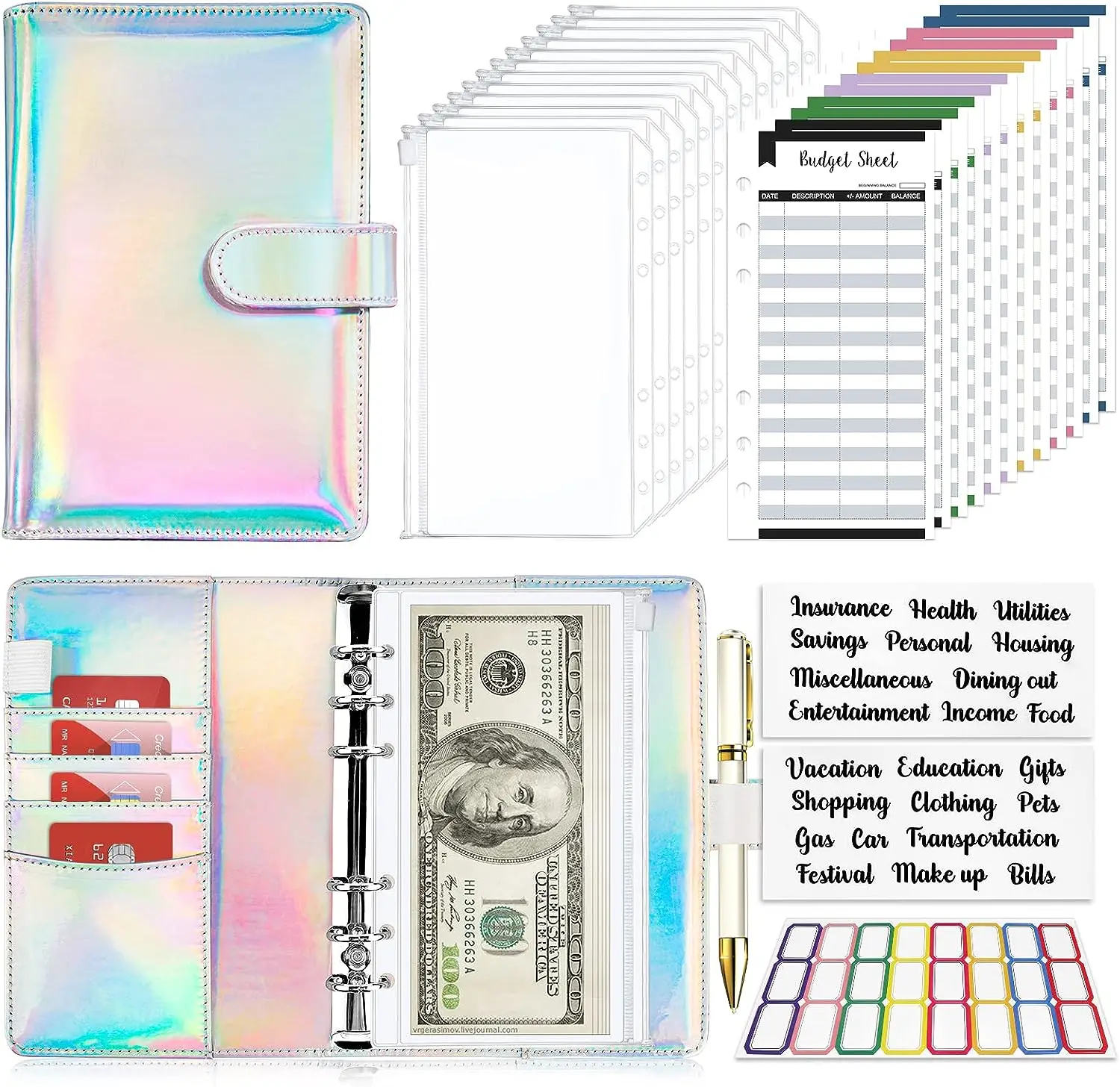 Budget Planner Cash Envelope Savings Money 6 Holes Binder for Financial Management A6 laser Loose-leaf Notebook Binder Housing