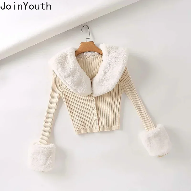 Joinyouth Cropped Cardigan Coat Pull Femme Korean Clothing Vintage Knitted Sweater Women Chic Fur Collar Temperament Sueter Tops