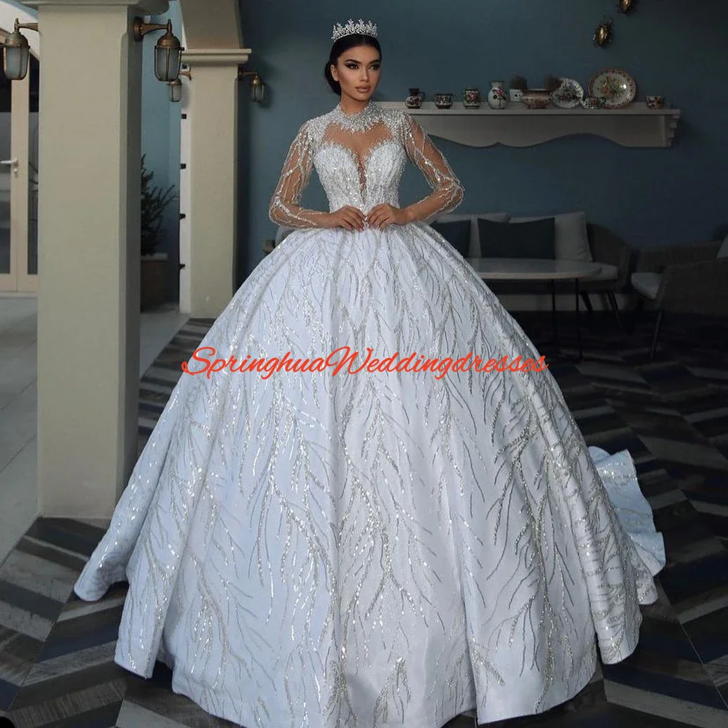 

Customized Illusion Ball Gown Wedding Dress Woman Sequins Bridal Gown High Collar Long Sleeves Backless Dresses Vestido de
