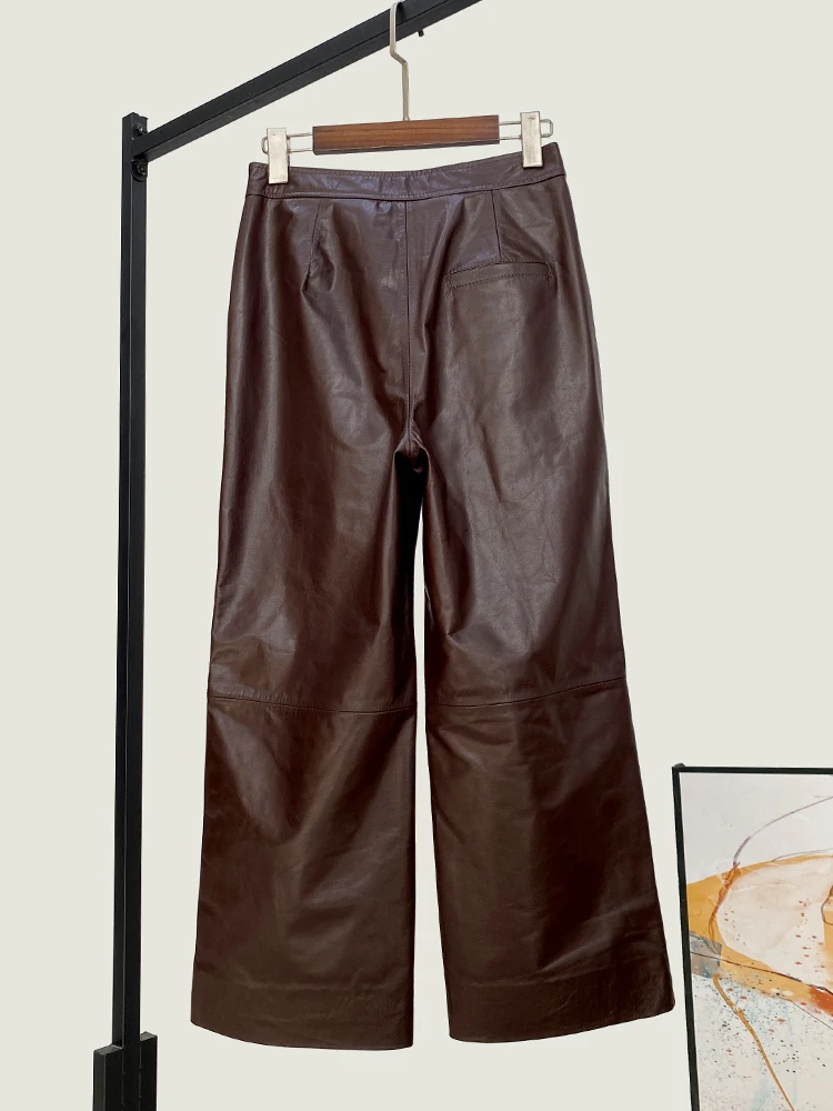 New Straight Pants Loose High Waist Winter Quality Genuine Real Leather Women's Sheepskin Cropped Wide Leg
