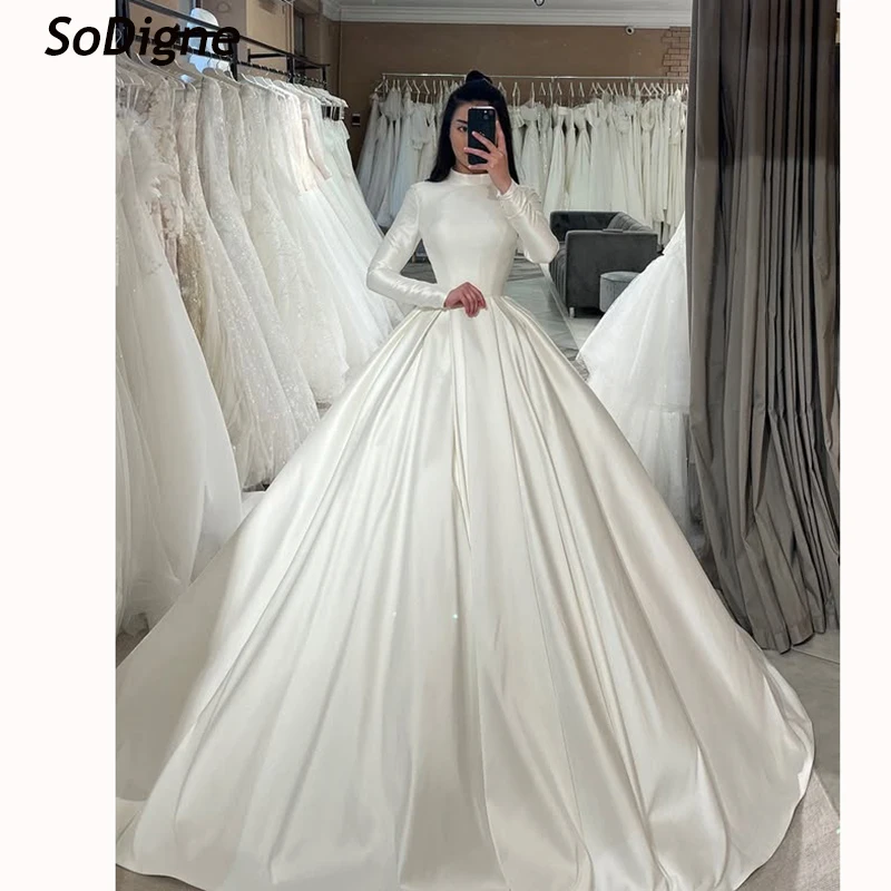 

SoDigne A-line Simple Satin Wedding Dresses High Neck Full Sleeves Bridal Dress Long Wedding Gown Robe De Mairee ﻿Customized