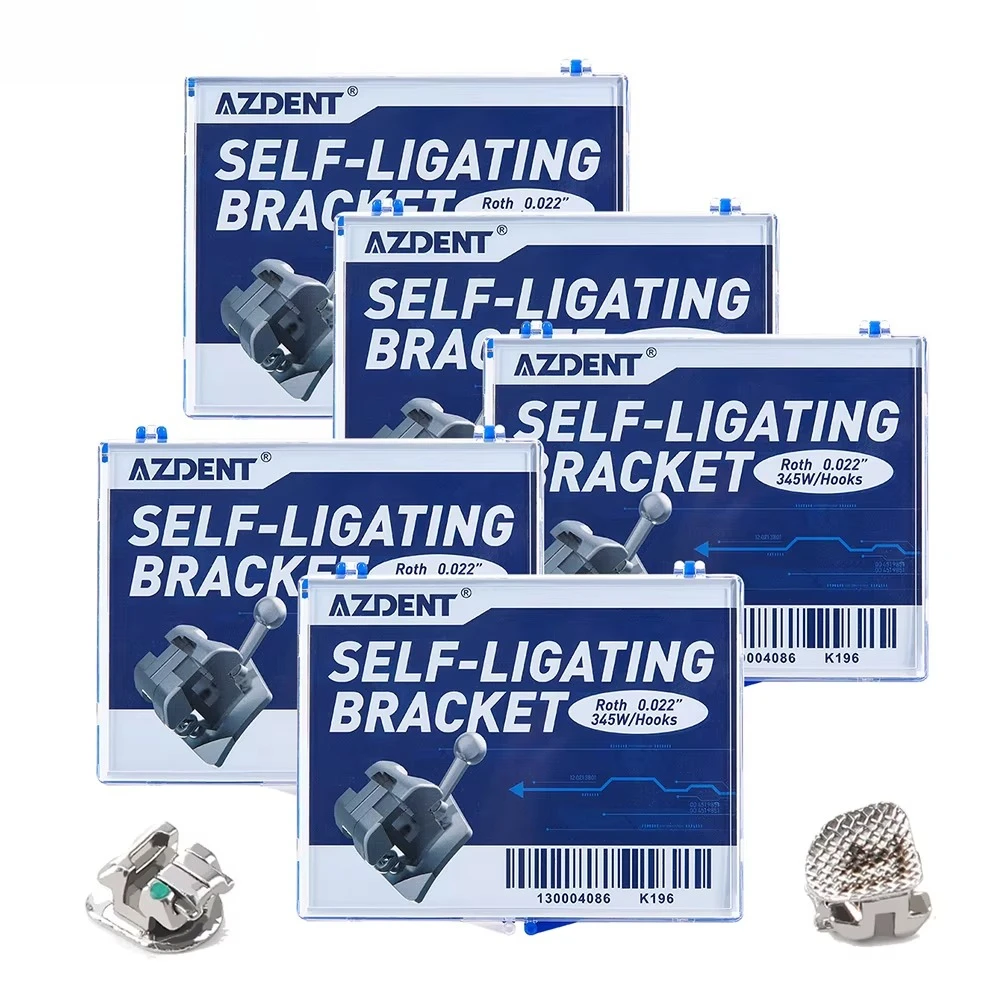 AZDENT 5 Packs Dental Orthodontic Braces Metal Self-Ligating Brackets Roth/MBT 3-4-5 Hook with Buccal Tube Dental Materials