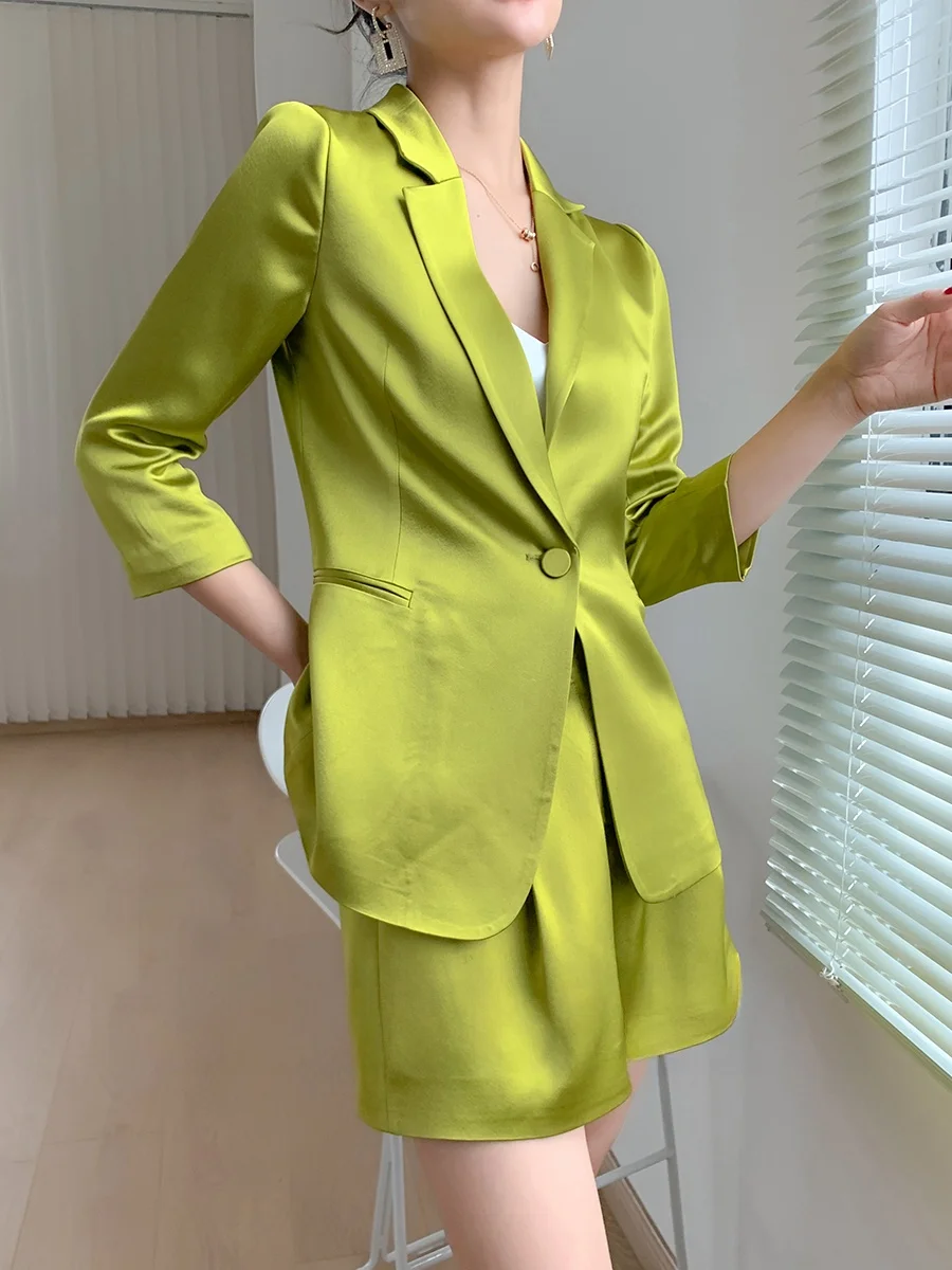 

Thin Three-acetate Satin Suit Jacket Set Summer Fashion Short Sleeve Blouse Shorts Women's Premium Ensemble Work Uniform