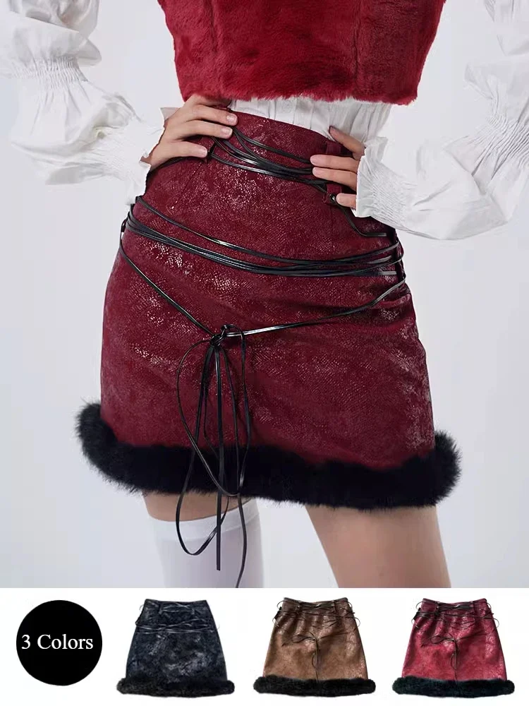 

Fashion Womens Leather Skirt Scarlet Fluffy Stitching Strap Leather Sexy Hip Skirt Mini High-waist Slim Fittness Hip Skirts