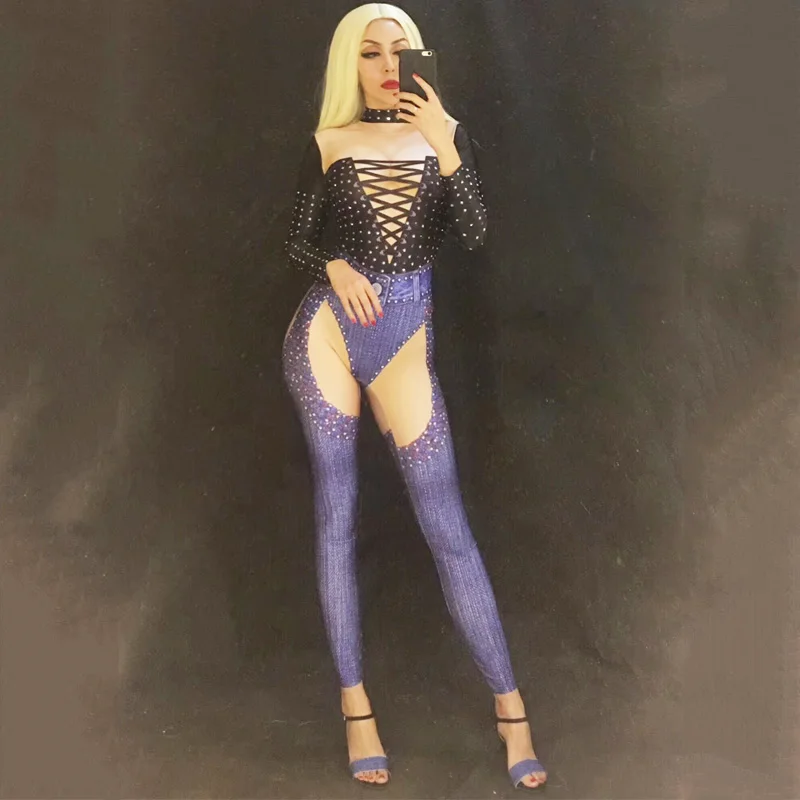 Nowy Czarny Kombinezon Jeansowy z Wzorami Długi Rękaw Kamienie Seksowny Strój Piosenkarki Kostium Urodzinowy Bal Studniówkowy Damskie Ubrania do Tańca