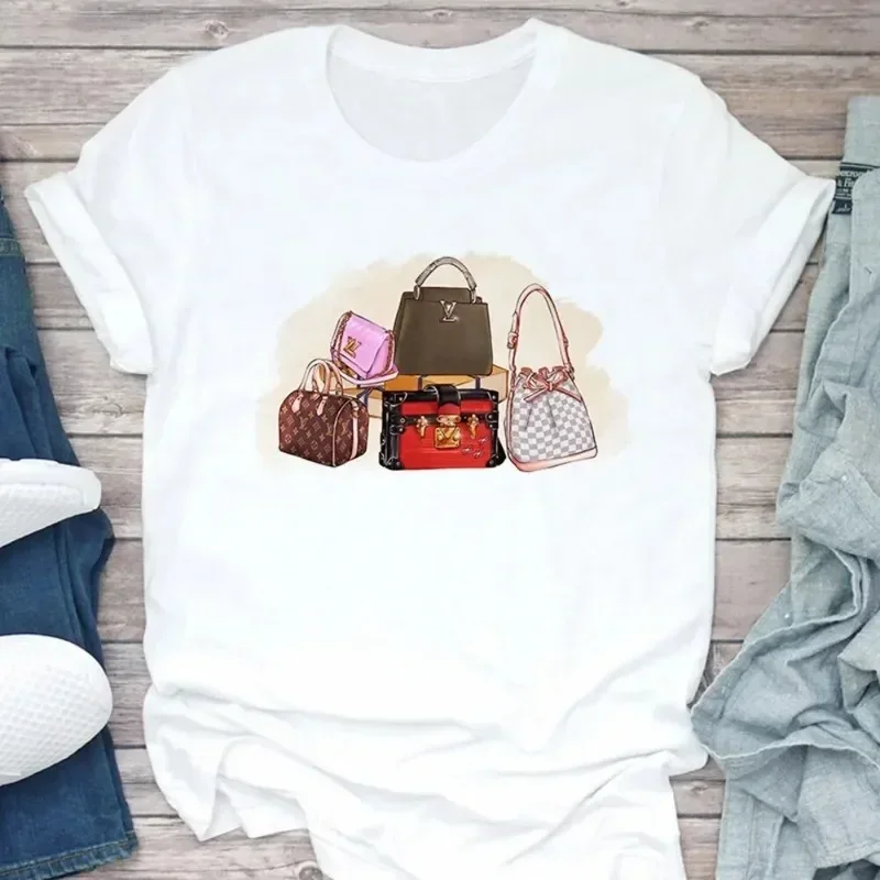 Women's T Shirt Summer Fashion Girl Bag Printed Ladies T-shirt Casual Short Sleeve Female Clothing Top Tee White Short Sleeve