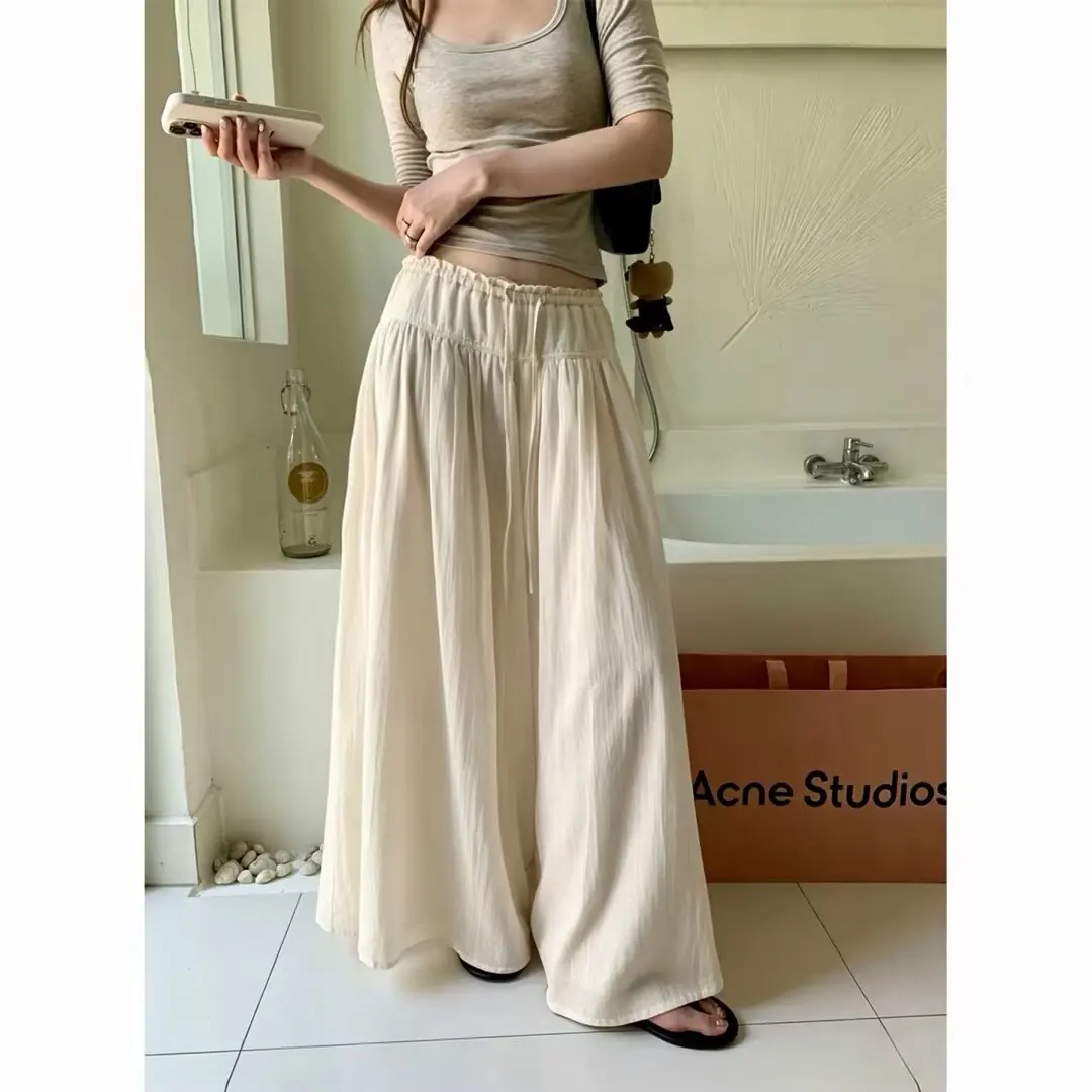 Elastic Drawstring High Waist Women Textured Wide Leg Pants Solid Loose Flowy Culottes Casual Long Skirt Trousers