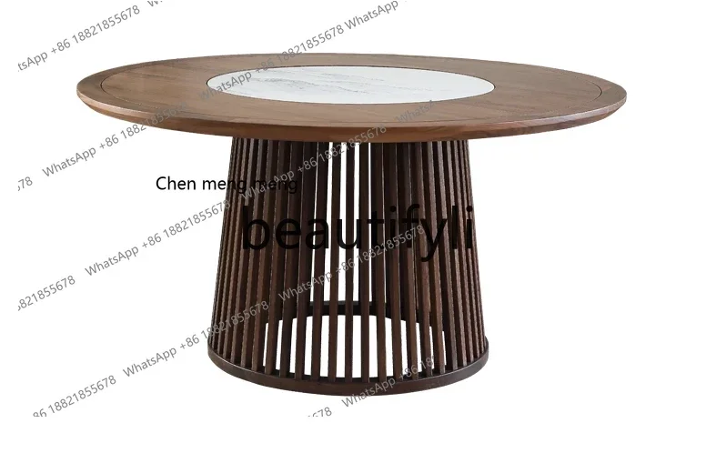 S7486teae New Chinese black walnut log household round dining table, solid wood guest dining room with rock slab turntable round