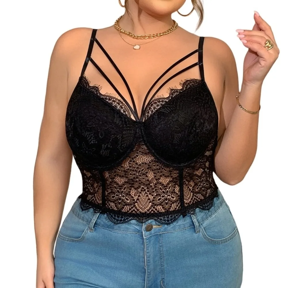 

Elastic Hollow Large Lace Camisole 1XL-4XL Deep V Square Neck Big Size Lace Corset Sleeveless Slim Fit Lace Crop Tops Outdoor