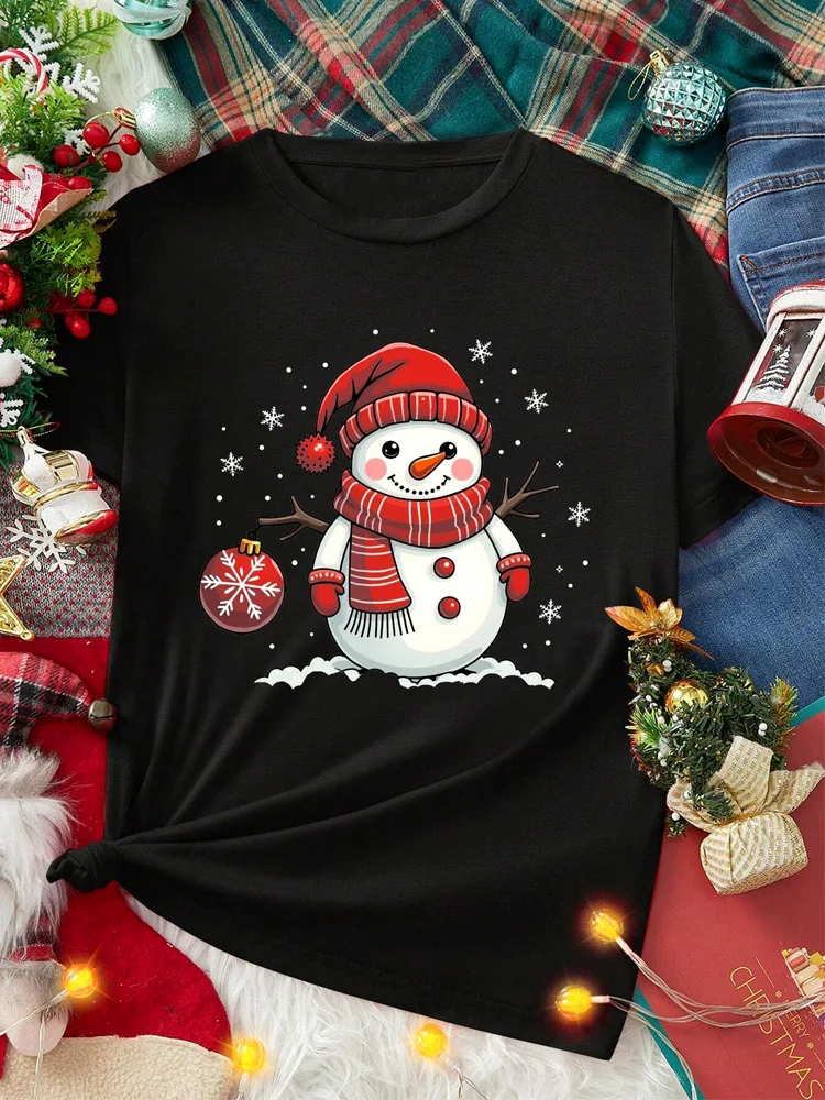 Frohe Weihnachten Gnome Und die schneemann T-Shirt für Frauen Lose Rundhals Kurzarm Weibliche T-shirt Tops Casual Harajuku T-shirt
