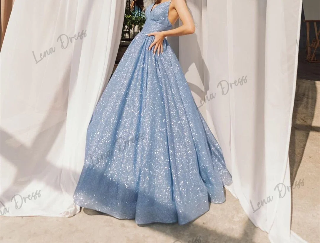 Lena Shiny Women Evening Dress Gown Blue Ladies Dresses for Special Occasions Spaghetti Straps Elegant Womens Party Dresses Gala