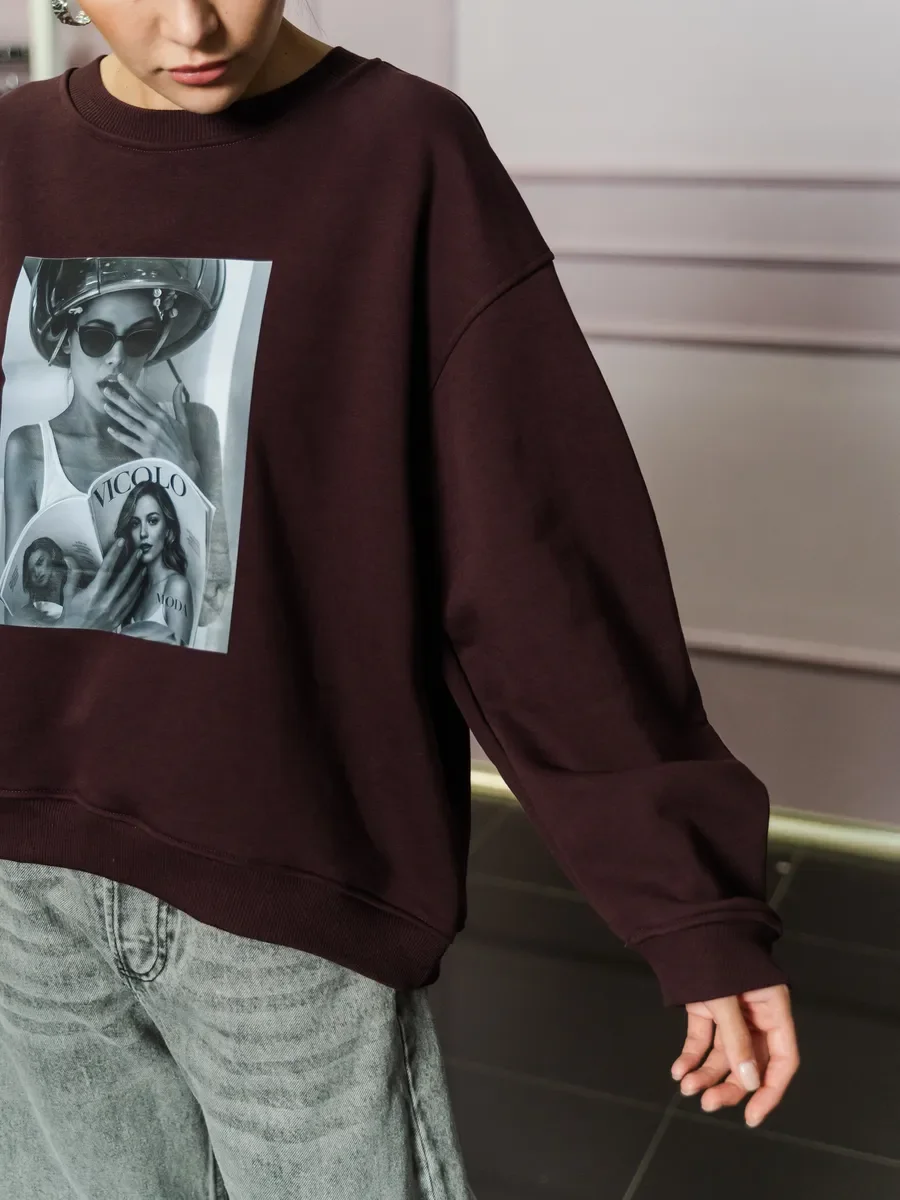 European Street Fashion Women Loose Sweatshirts Crew Neck Large Size Autumn Tops Retro Poster Printed Unique Cute Sweet Lady Top