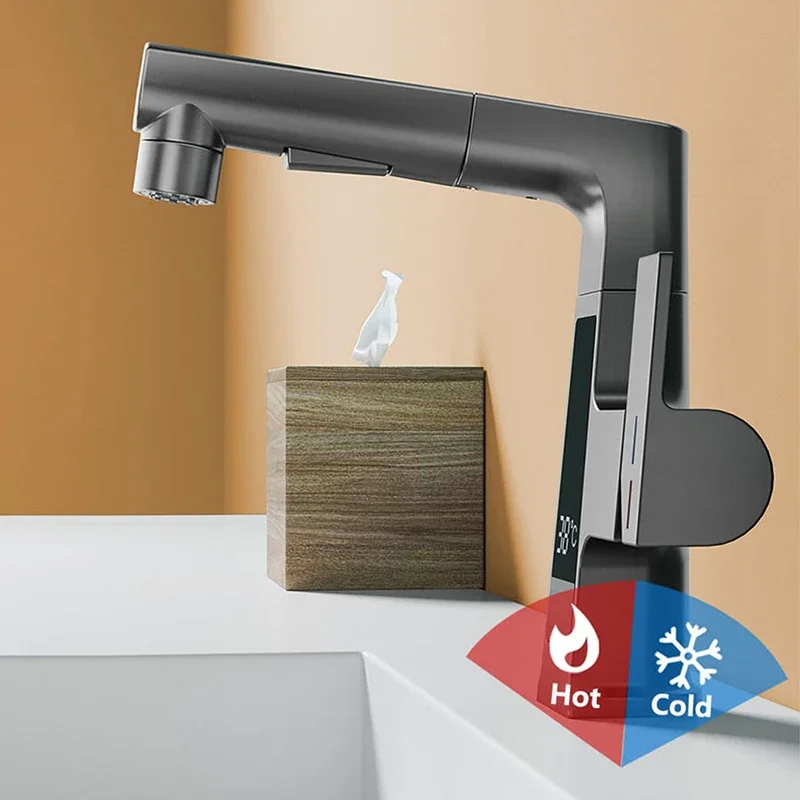 Digital Display Pulling Faucet Intelligent Temperature Sensor Brass Washbasin Taps Rotating Lifting Cold and Hot Water Mixer Tap