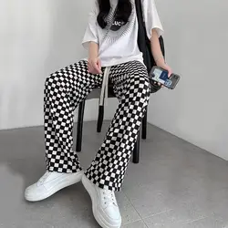 Korean Black White Checkerboard Leisure Trend Youth Appear Thin High Waisted Ice Shreds Women's Floor Mop Pants Summer 2024