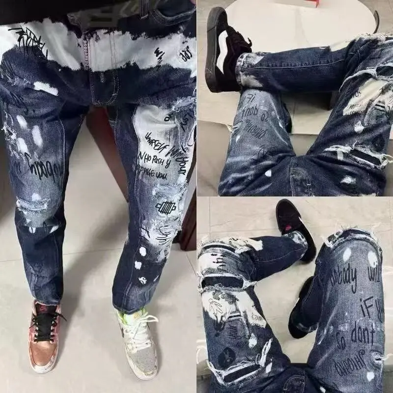 Autumn New Fashion Trend Printed Ripped Jeans Men's Casual Slim Comfortable Breathable High-Quality Denim Pants