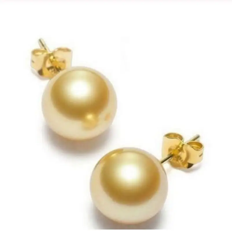 

AAA+10MM NATURAL SOUTH SEA GENUINE GOLD PEARL EARRING new Tibetan gold