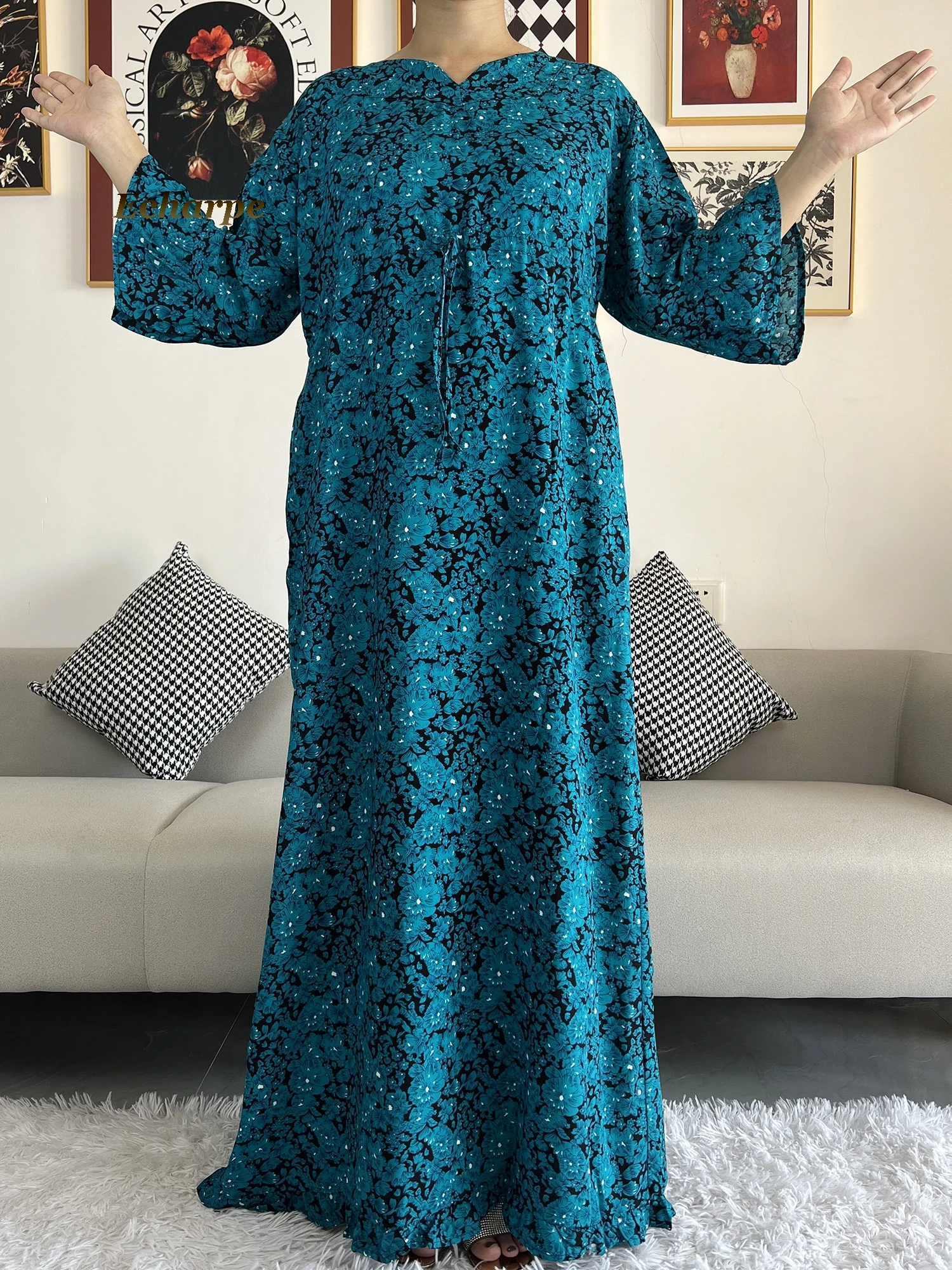 New  African Dashiki Long Sleeve Loose Cotton Waist Elegant Women Abaya Long Dress Summer Maxi Casual Loose Dresses Vestidos