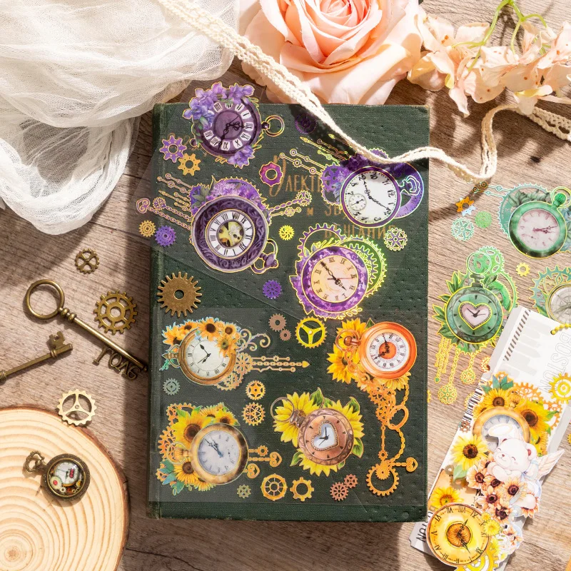 2 Sheets Vintage Clock Flower Stickers PET Junk Journal Ephemera Colorful Gear Stickers DIY Photo Album Scrapbooking Material