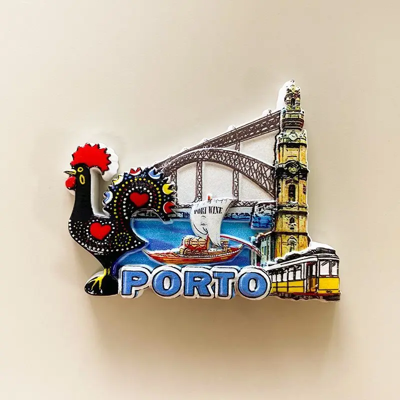 Lindo imán de nevera Europa Portugal Porto - Dom Luis I Bridge, Torre Clérigos, Barco Rabelo, Galo de Barcelos para decoración del hogar