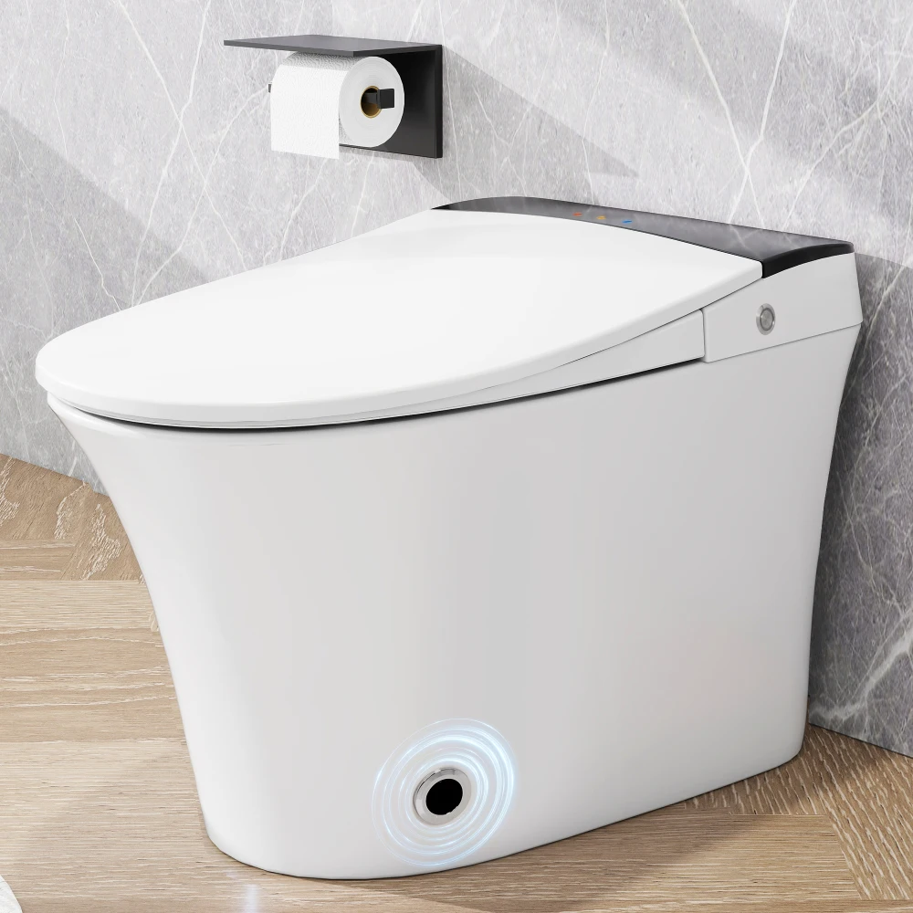 Heated Seat Smart Toilet, One Piece Toilet, Automatic Flush Tankless Toilet without Bidet, with Foot sensor Flush, Blue Night