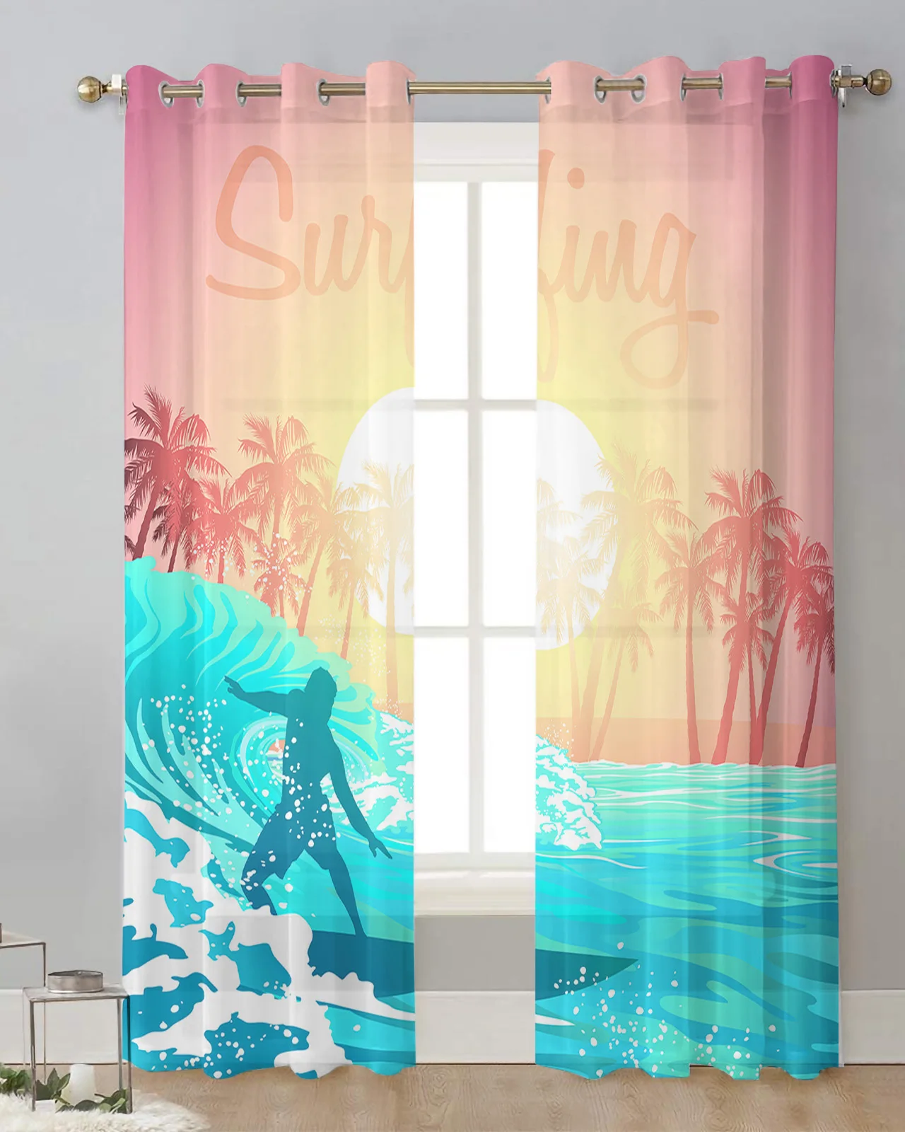 Surfing Waves Sunset Coconut Trees Tulle Drapes Living Room Bedroom Sheer Window Curtains Kitchen Balcony Modern Voile Curtains