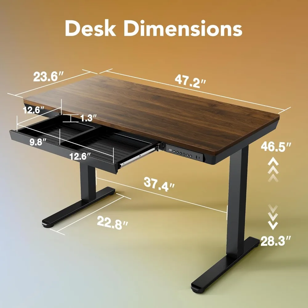 Electric Standing Desk 48 x 24 Inch with Drawers, USB Ports, Sit Stand Up Desk, Black Walnut