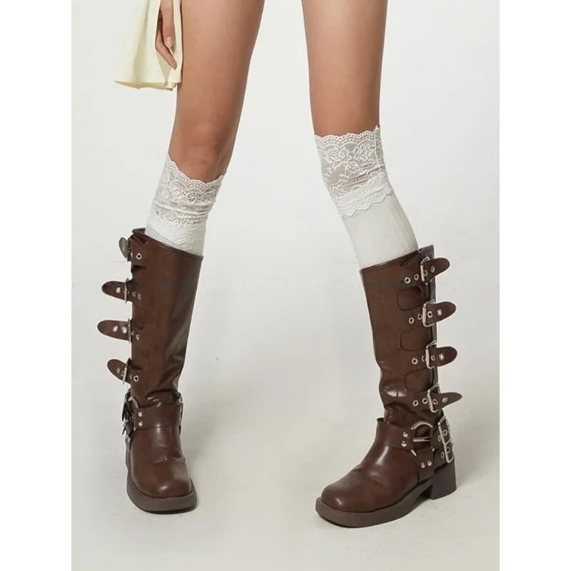 Moon Girl Mead Color Block Lace Ruffle Spliced Long Socks, Slim Cartoon Leg Over Knee Tall Stackable Calf Hosiery for Women