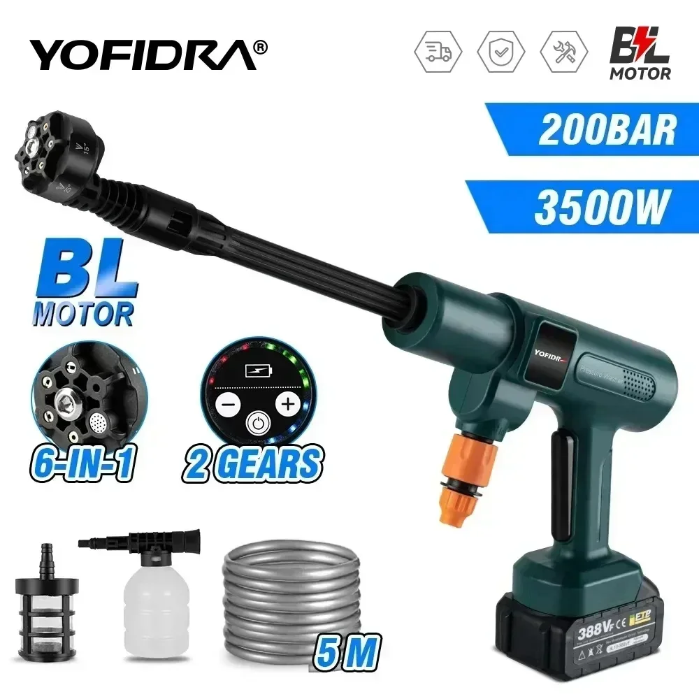 YOFIDRA 3500 W 200 Bar bürstenloser elektrischer Hochdruckreiniger 6IN1 Autowaschwasserpistole Gartenspritzpistole für Makita 18 V Batterie