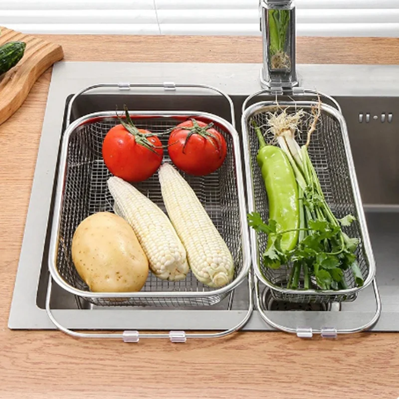 

Stainless Steel Retractable Drain Basket Grip Handles Oval Colander Sink Vegetables Draining Rack Home Storage Basket