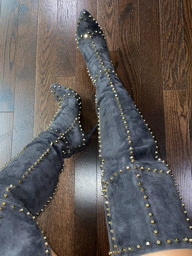 Women Burgundy Suede Over The Knee Boots Pointed Toe Stiletto High Heel Gold Studded Thigh High Boots Party Club Fashion Shoes