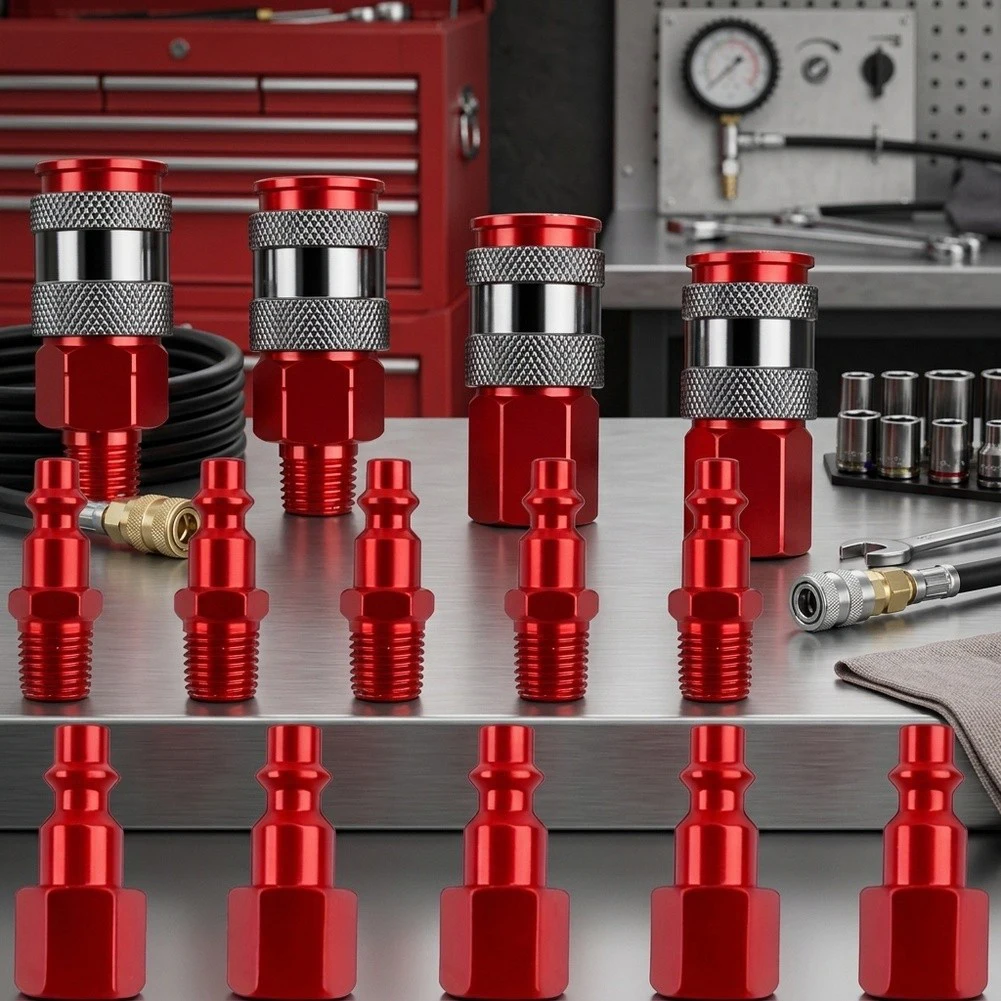 14-Piece Air Quick Coupler Set: For Air Compressor One-Handed Operation For Automotive And Workshop Use Red
