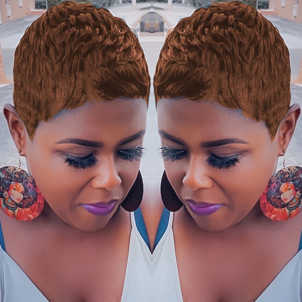 150% 밀도 4인치 픽시컷 곱슬 웨이브 인모 가발 (여성용, 풀머신 제작, 데일리 및 파티용)