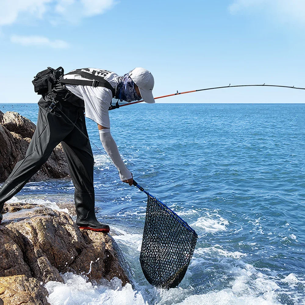 Faltbarer Angelkescher mit langem Griff für Barsch, Crappie-Boot, Salzwasser, Süßwasser, schnell trocknendes Gummigeflecht für große Fische – Detail 15