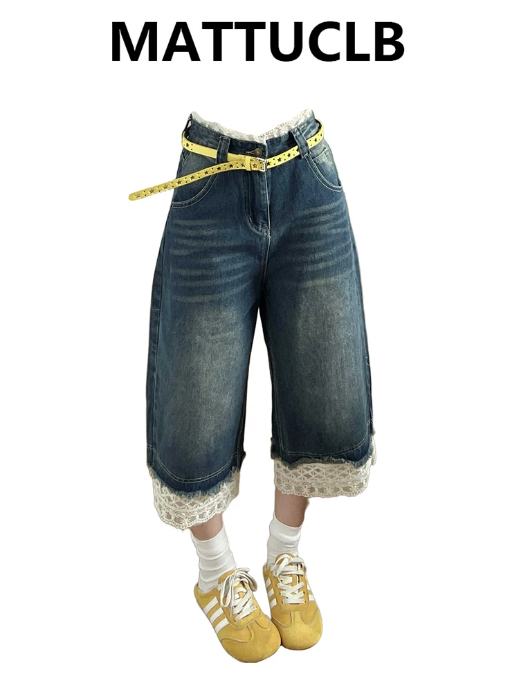 

2026 Summer Women American Retro Jorts Korean Cleanfit Jean Shorts Lace Denim Shorts Y2K 2000s Japanese Harajuku Calf-Length New
