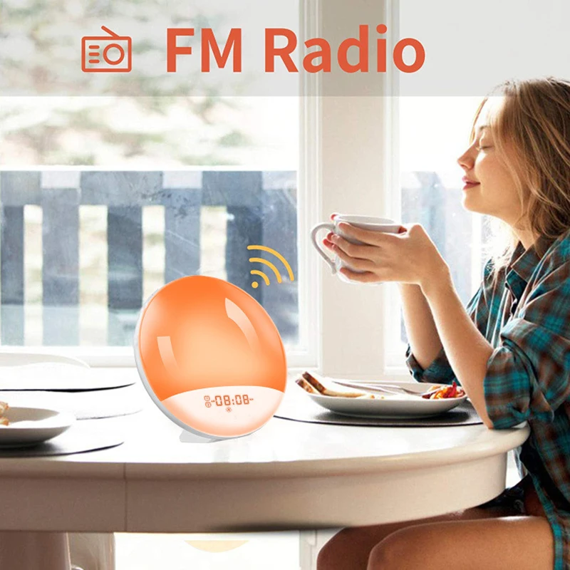 Wecklicht-Wecker mit Sonnenaufgang/Sonnenuntergangssimulation, zwei Alarme, UKW-Radio, Nachtlicht, 7 Farben, natürliche Geräusche, Schlummerfunktion – Detail 8