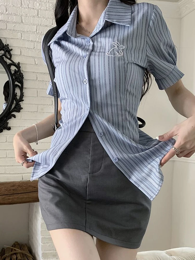 Jmrs camicia Slim a righe Vintage donna camicetta Casual manica corta coreana Design estivo ricamo dolce top retrò di alta qualità