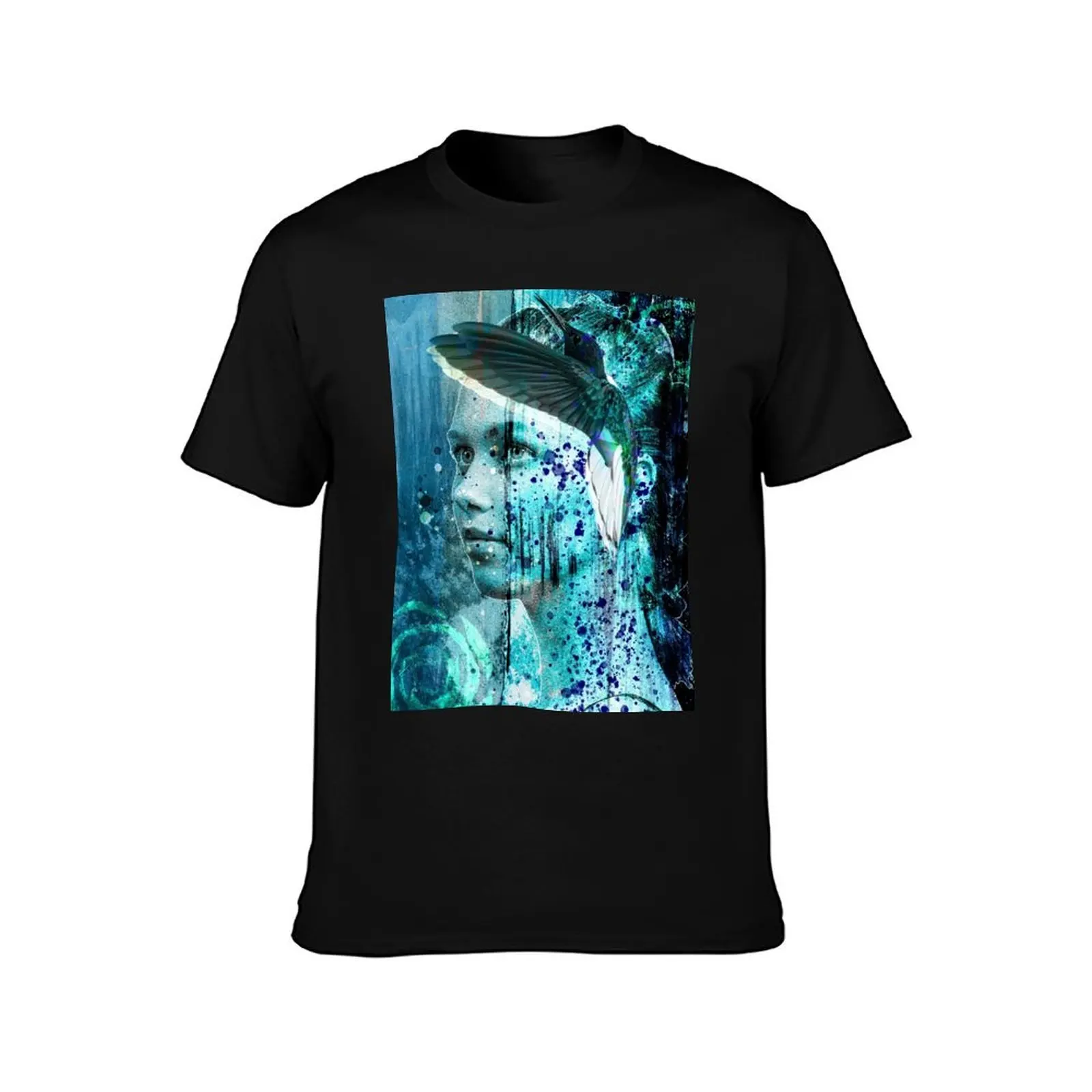 Blue Teal Portrait with Hummingbird T-Shirt Street Fashion Casual Tee Shirt T-Shirt