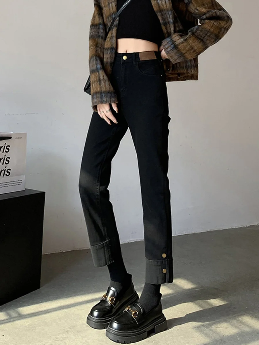 Thiened Fce اصطف عالية الخصر Bla تسعة عشرات الدينيم الجينز المرأة الخريف الشتاء حجم كبير سليم مستقيم أنبوب السراويل #5