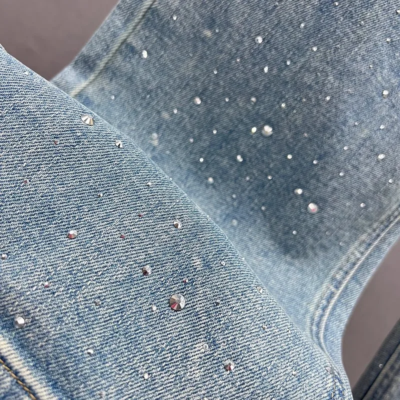 Fashion Women Blue Jeans High Waist Diamond Studded Straight Denim Pants Spring Summer Female Chic Trousers