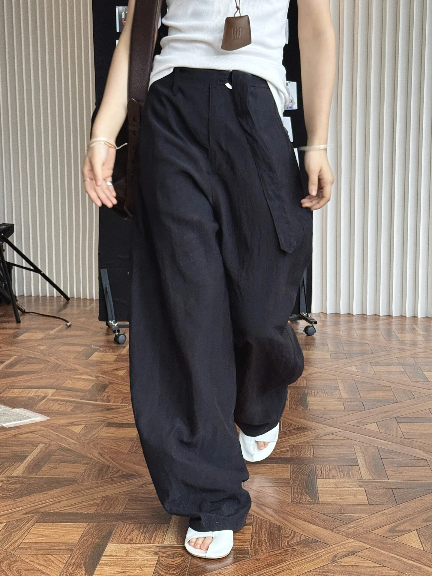 봄 여름 여성 캐주얼 솔리드 컬러 하이 웨이스트 루즈 와이드 레그 팬츠