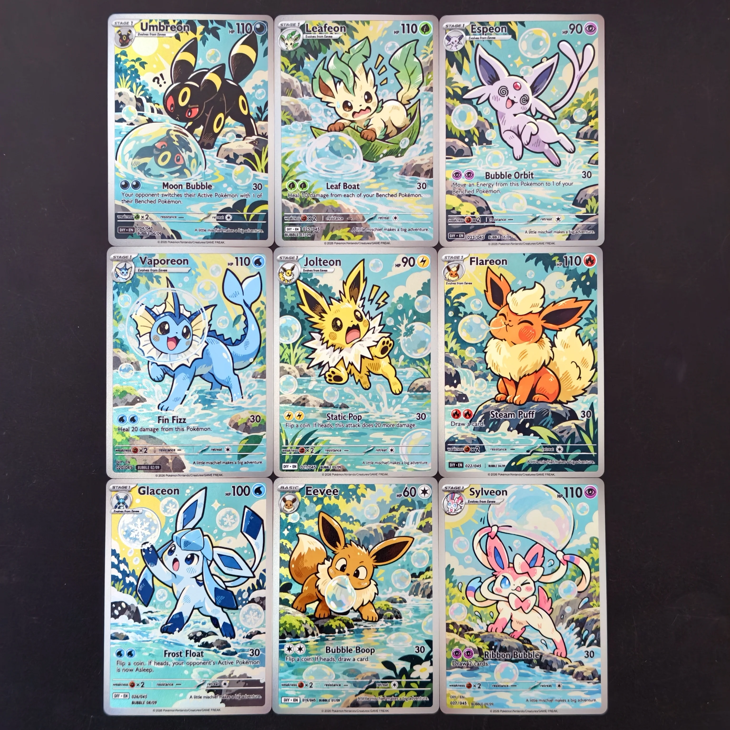 9Pcs Proxy PKM Card Eeveelution Sylveon Umbreon Leafeon Espeon Evolve Monster Collectible Card DIY TCG Advanced Anime Card