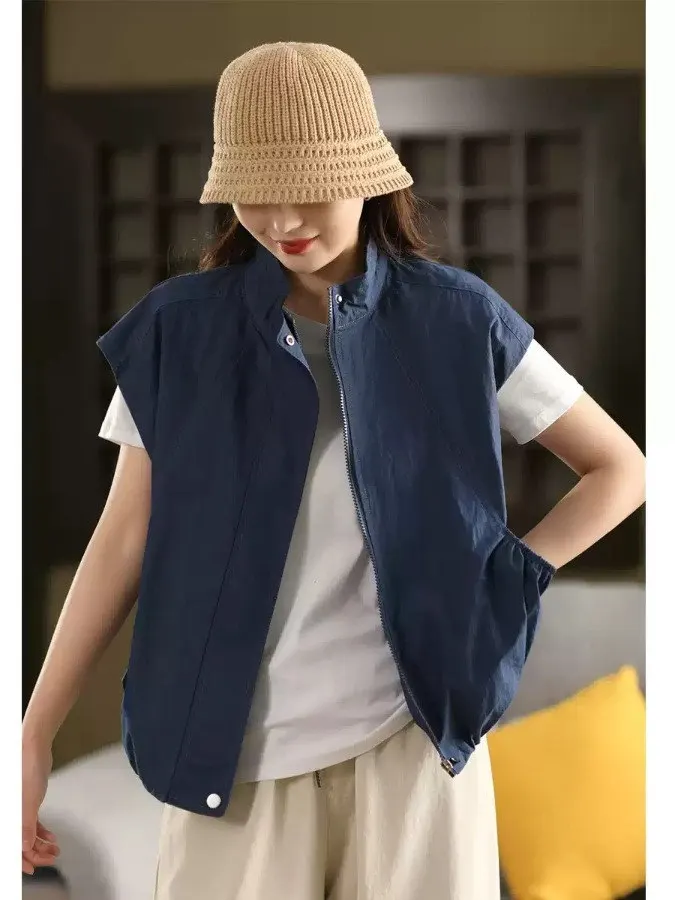 

Loose Women's Faion Workwear Vest Svel Outerwear Pure Color Versatile Open Cardigan Sle Zipper Closure Thin Summer